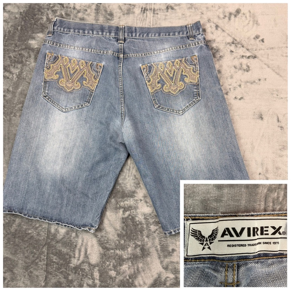 Y2K Avirex Denim Shorts Men 38 Baggy Embroidered Pocket Hip Hop Streetwear Jorts